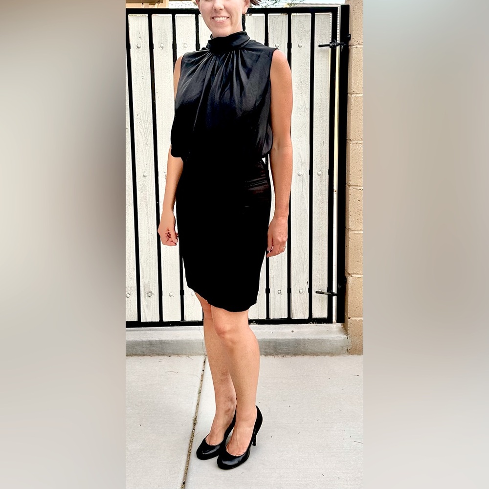 Tuleh Silk Mock Neck Cocktail Dress w Plunging Back & Luxe Back Sash/Tie CL3